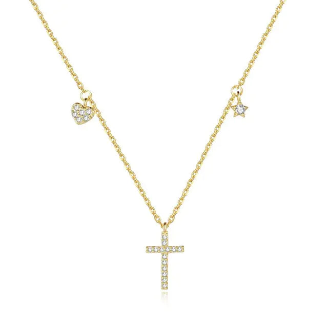 Sterling Silver CZ Cross Heart Star Pendant Necklace: A Symbol of Grace and Charm