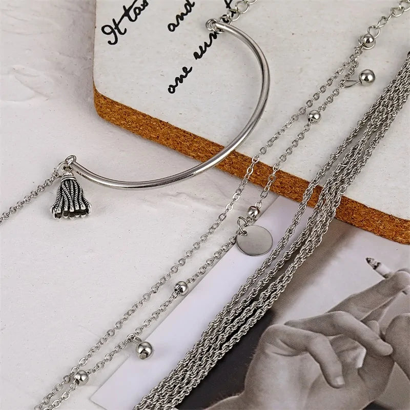 Bohemian Silver Tassel Round Bracelet Set: Elegance Meets Playful Charm