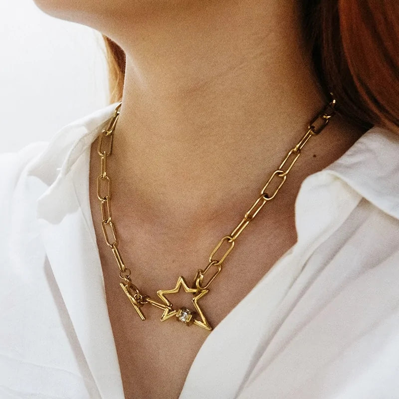 Stainless Steel Golden Star Necklace: Elegant & Versatile Accessory