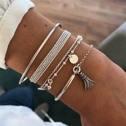 Bohemian Silver Tassel Round Bracelet Set: Elegance Meets Playful Charm