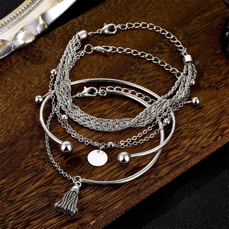 Bohemian Silver Tassel Round Bracelet Set: Elegance Meets Playful Charm