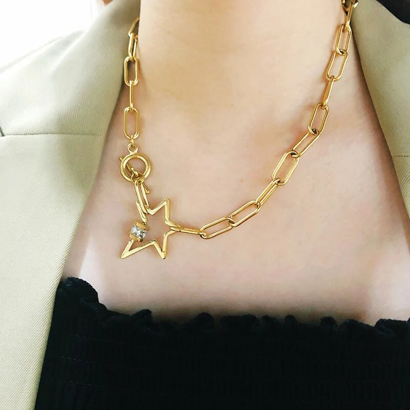 Stainless Steel Golden Star Necklace: Elegant & Versatile Accessory